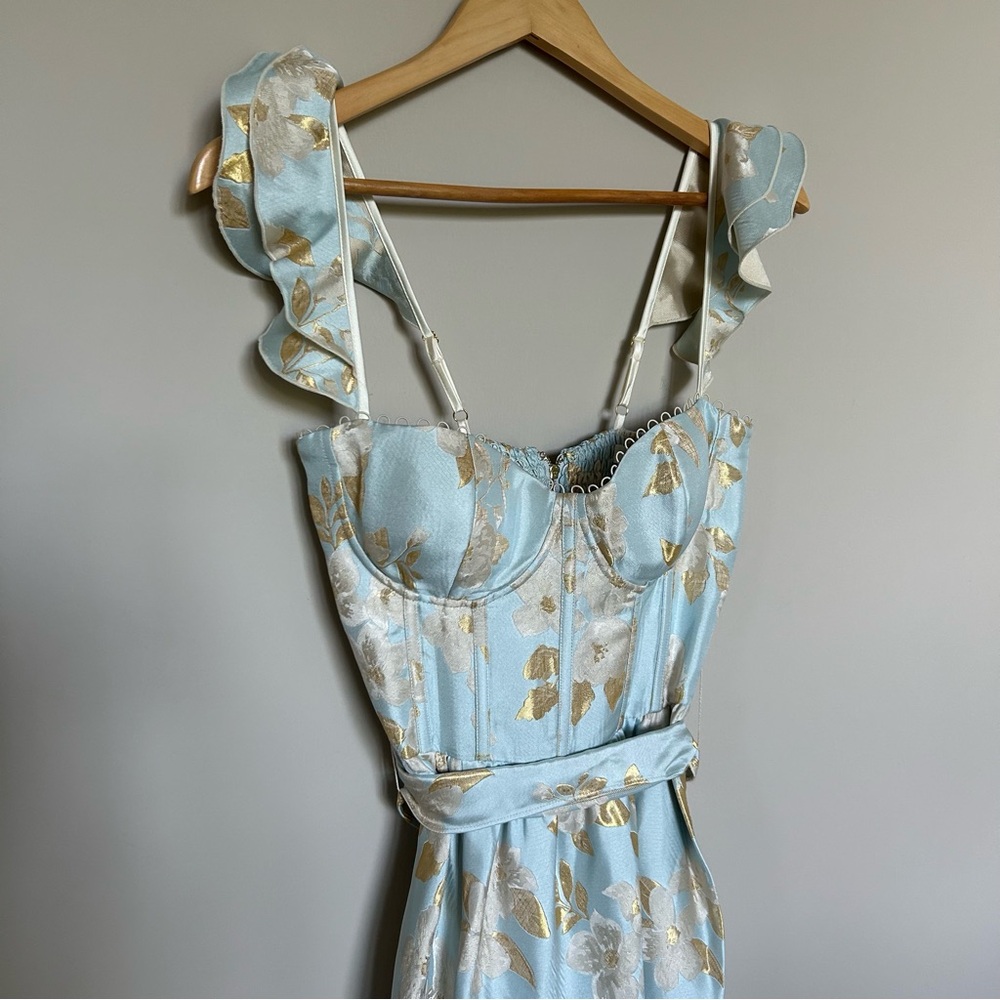 V. Chapman Sky Blue and Gold Floral Midi Dress - Picture 7 of 15
